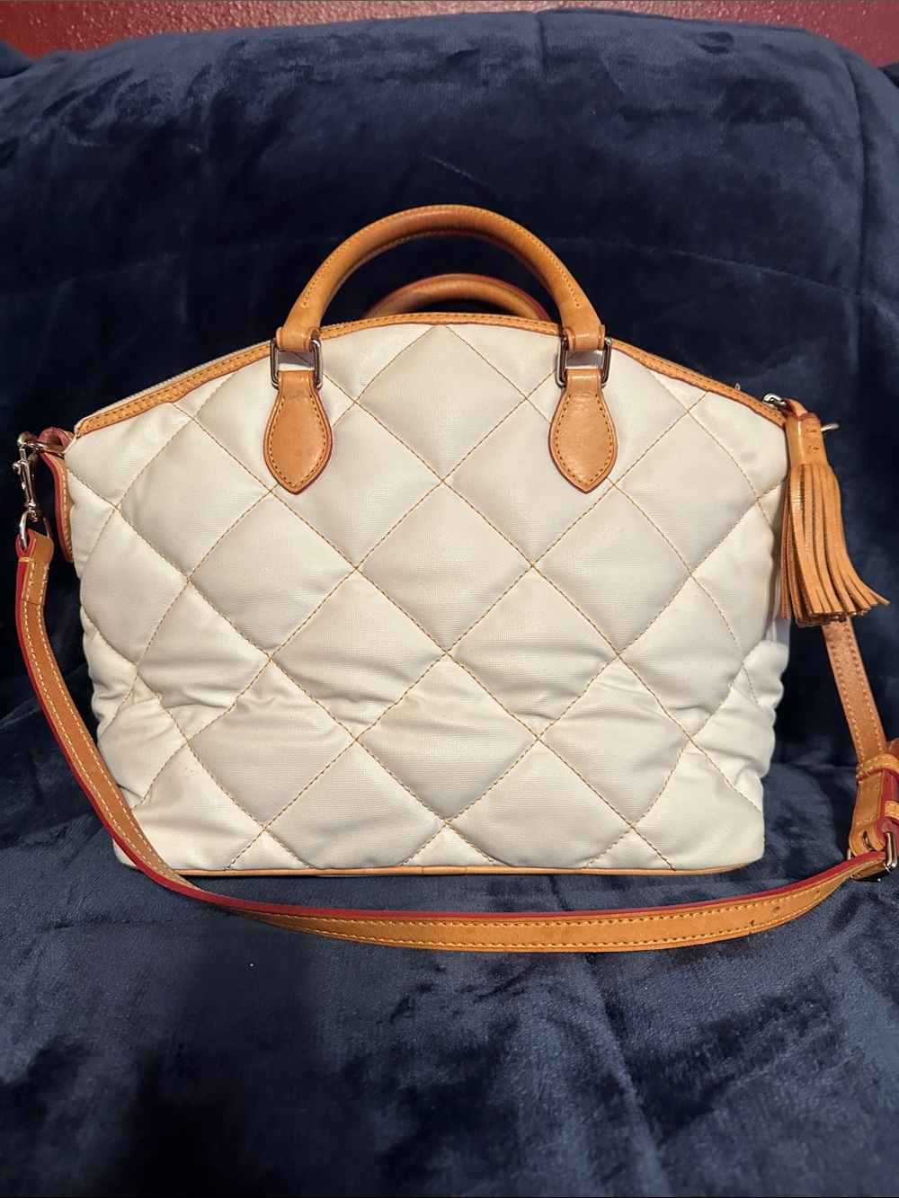 Dooney & Bourke Cream Quilted Leather Tote with Tan Trim - Picture 2 of 11